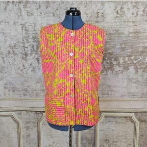 Vintage 1960s 1970s Blouse Mod Pink Green Top Smock Apron Style Sleeveless